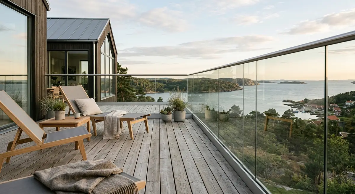 Holdbart glasværn i minimalistisk design installeret på en træterrasse med smuk nordisk udsigt